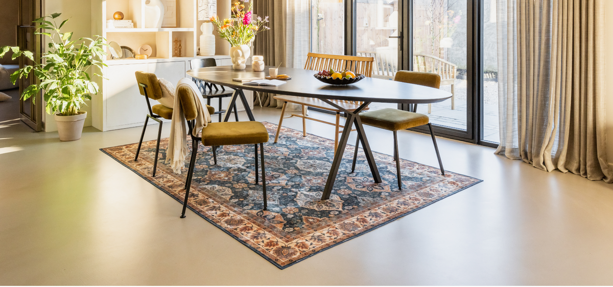 Welk vloerkleed is geschikt voor onder de eettafel?