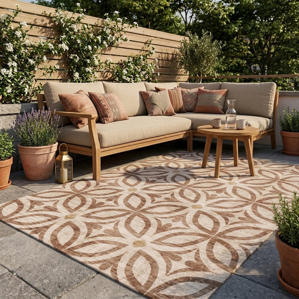 Geometric outdoor rug – Mosaic Petal Terracotta
