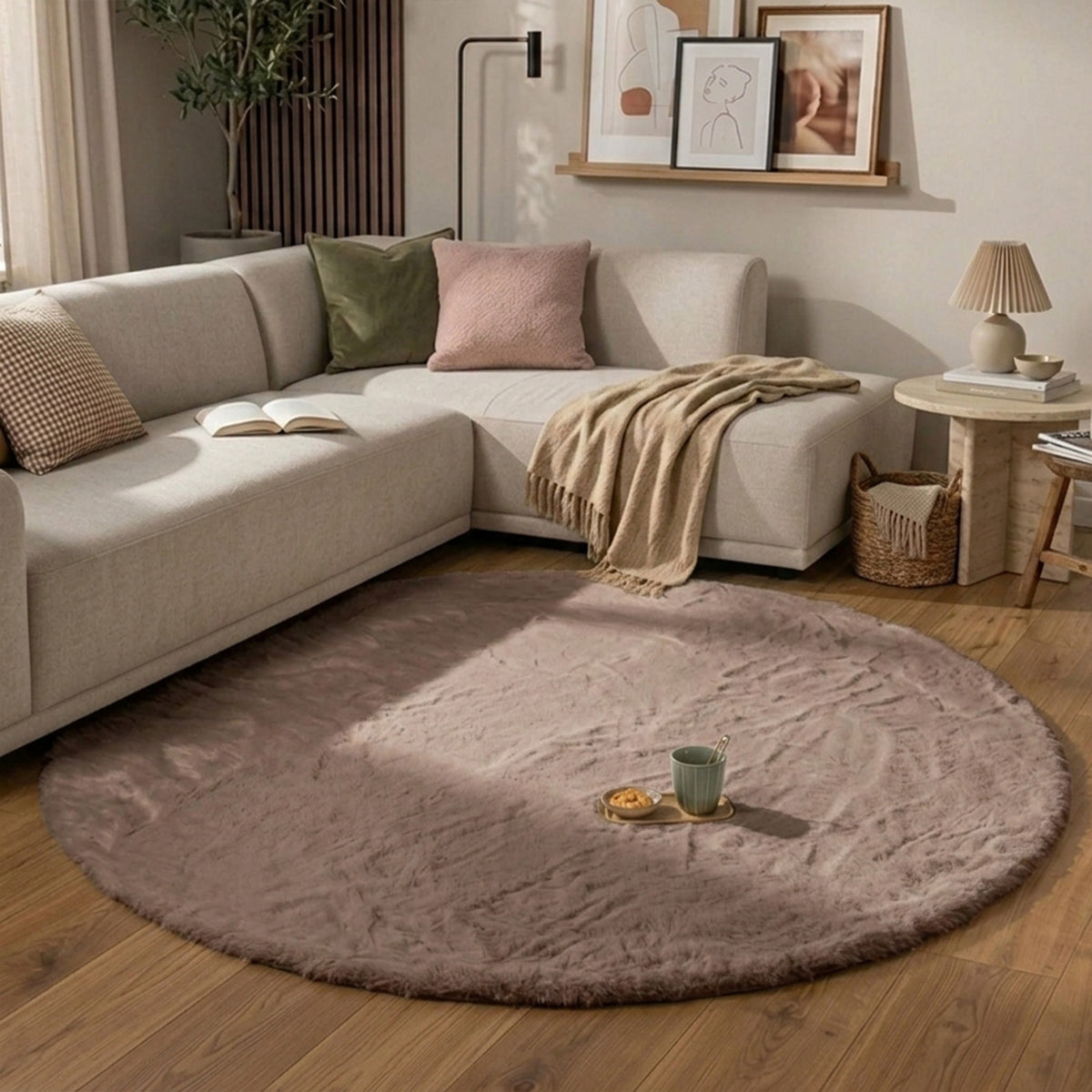 Rund fluffig matta | Comfy Supreme taupe hos Volero