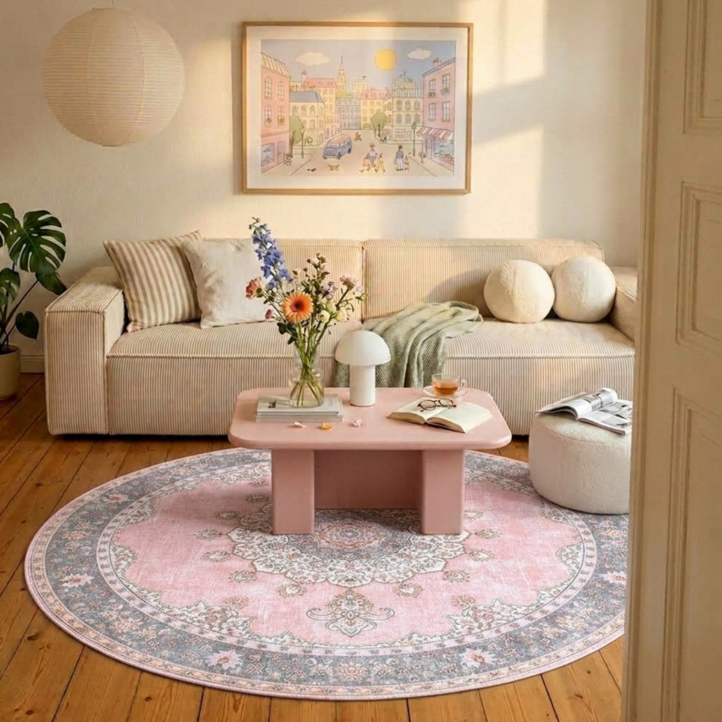 Rund vintage matta | Lily Medaillon rosa hos Volero