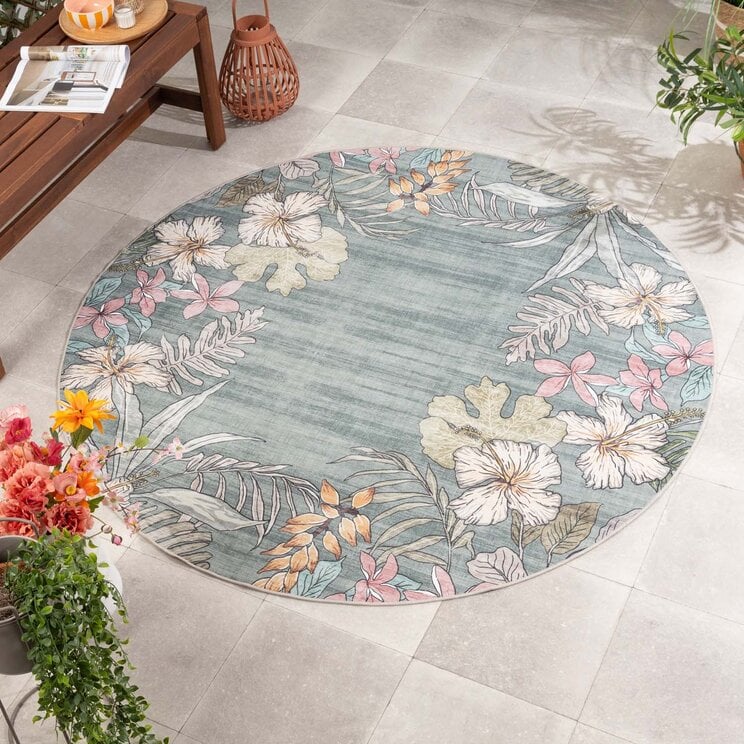 Rund utomhusmatta med blommor - Poppy Olivgrön