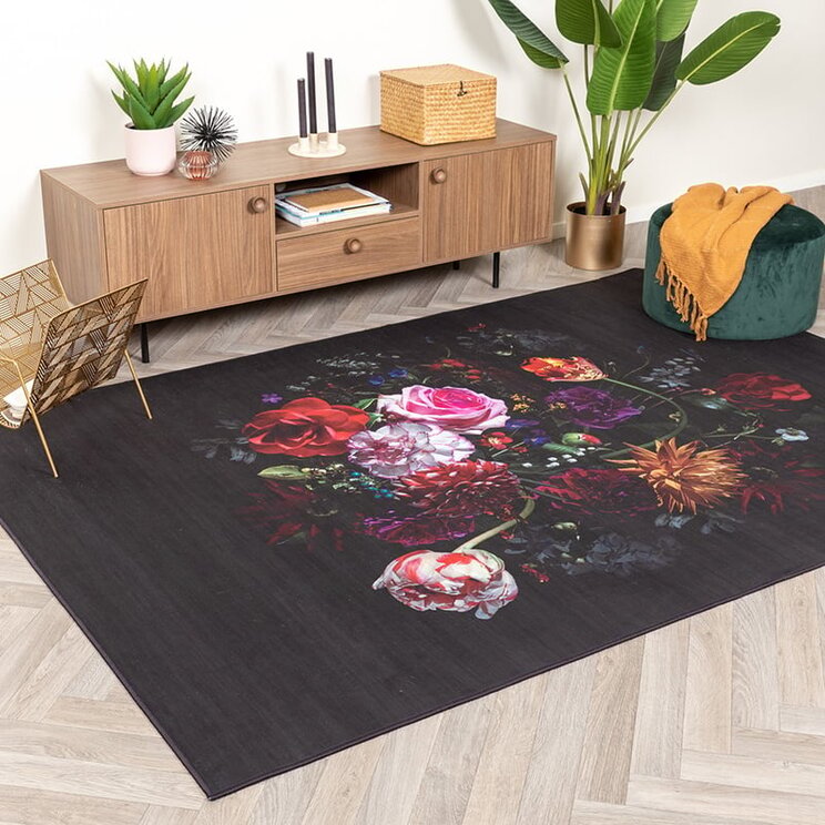 Blommig Matta - Florine Svart/Rosa