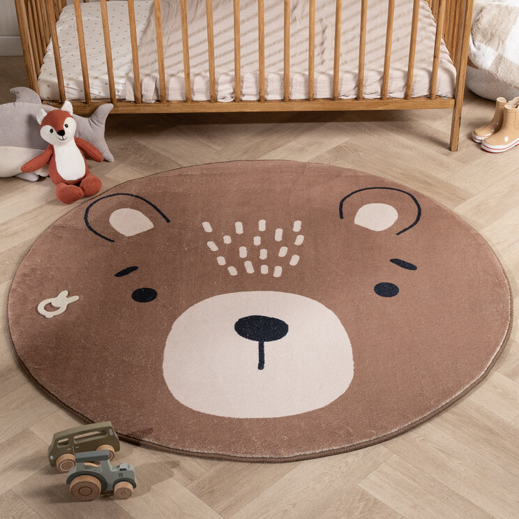 Rund Tvättbar Barnmatta - Sammy Bear Brun