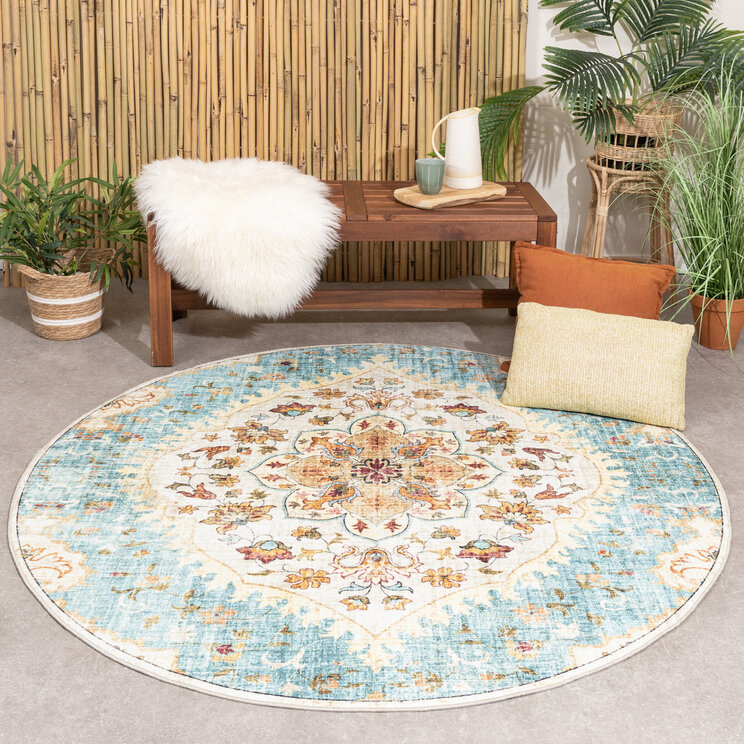 Rund Vintage Utomhusmatta - Santo Mandala Ljusblå
