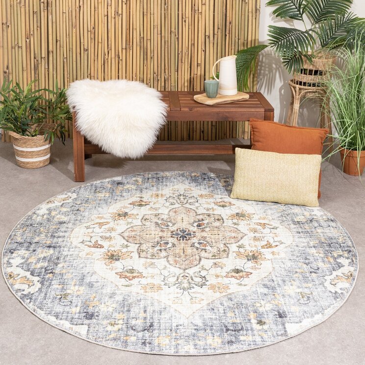 Rund Vintage Utomhusmatta - Santo Mandala Blå/Grå