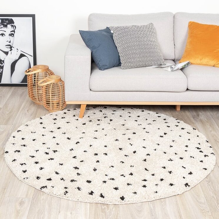 Rund Matta Med Hög Lugg  - Grand Dots Gräddvit/Svart