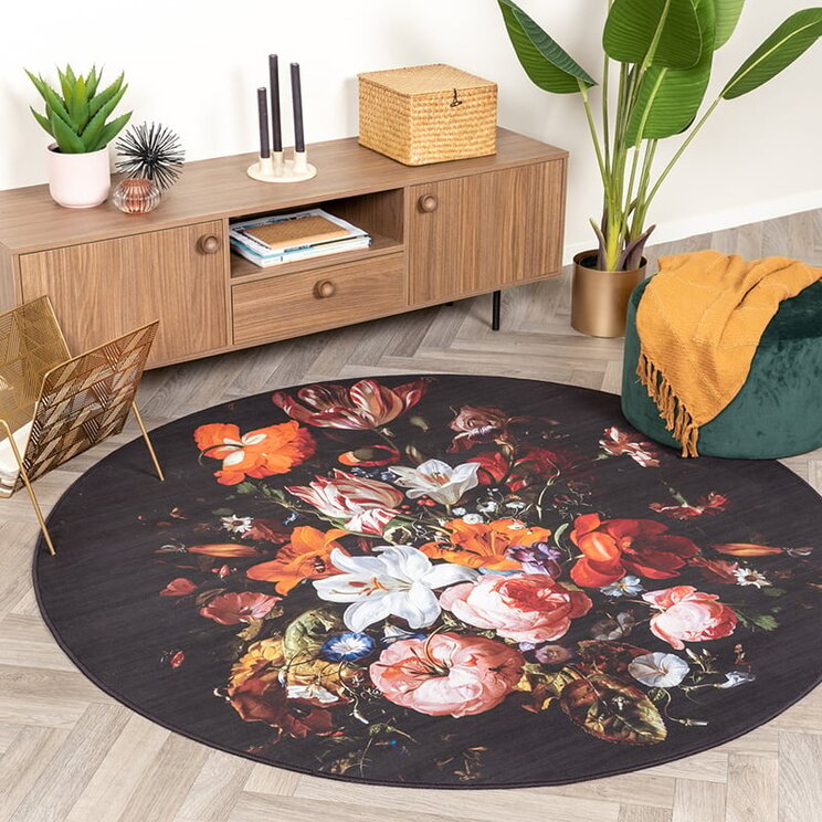 Rund Blommig Matta - Florine Svart/Orange