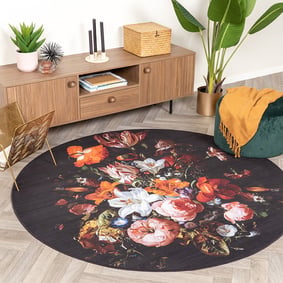 Rund Blommig Matta - Florine Svart/Orange
