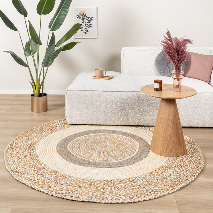Rund Jute Matta - Mirai Border Vit/Blandning