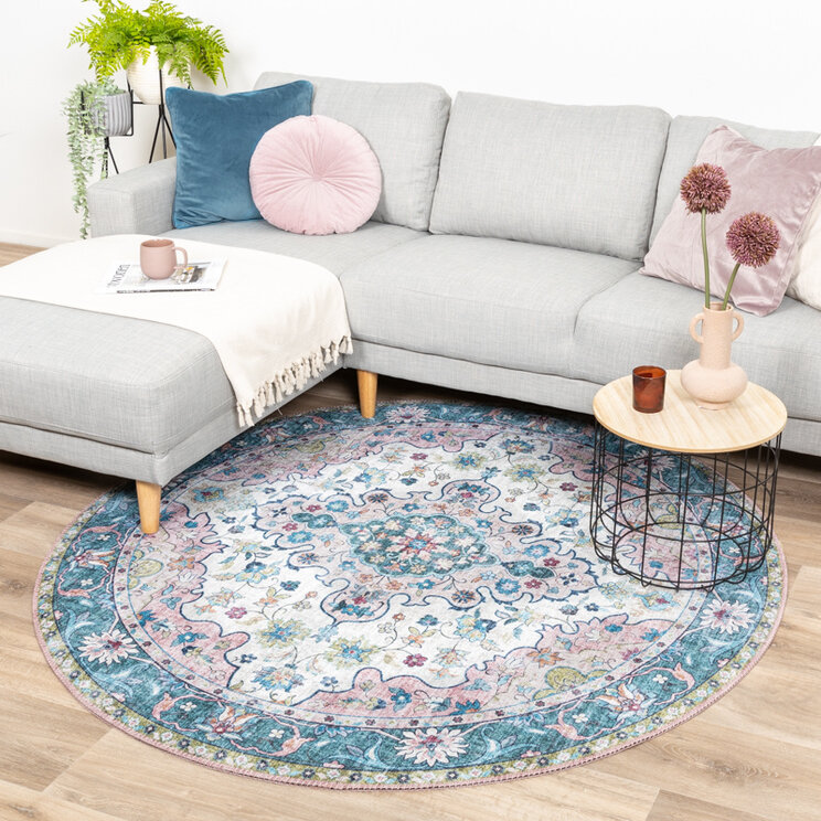 Rund Matta I Vintagestil - Lily Oriental Blå/Rosa