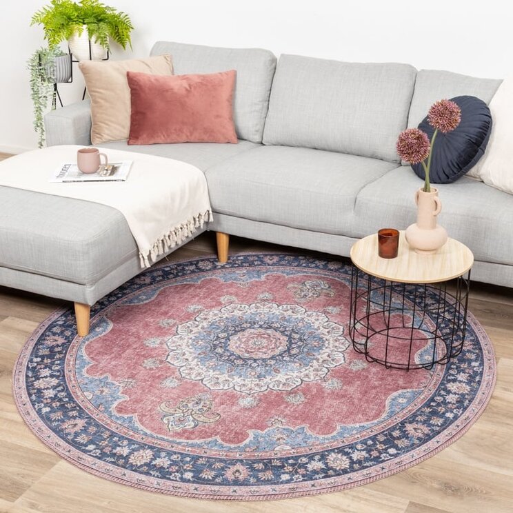 Rund Matta I Vintagestil - Lily Medaillon Röd/Rosa