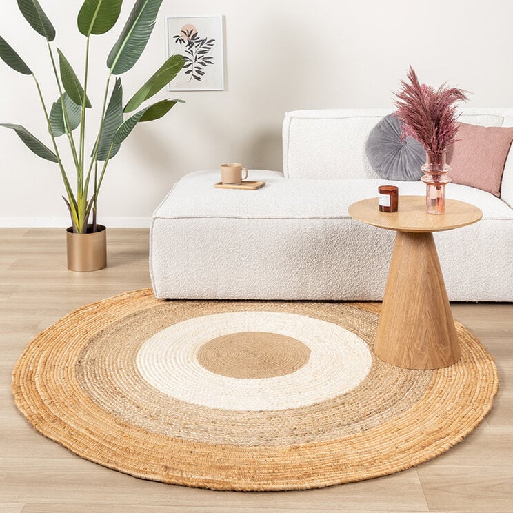 Rund Jute Matta - Mirai Border Vit/Natur