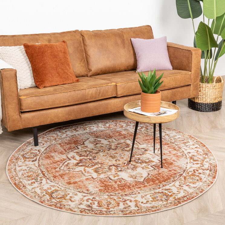 Rund Matta I Vintagestil - Spring Medaillon Terrakotta/Gräddvit