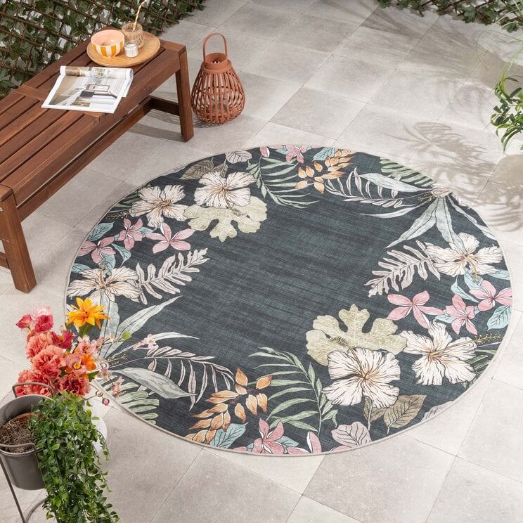 Rund utomhusmatta med blommor - Poppy Grön