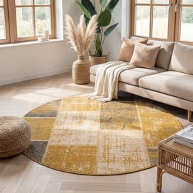 Rund Lapptäckesmatta - Spring Patchwork Gul/Taupe