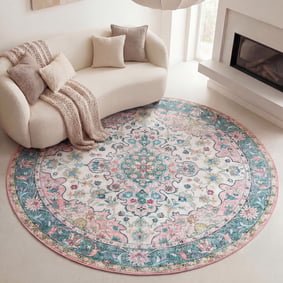 Rund Matta I Vintagestil - Lily Oriental Blå/Rosa