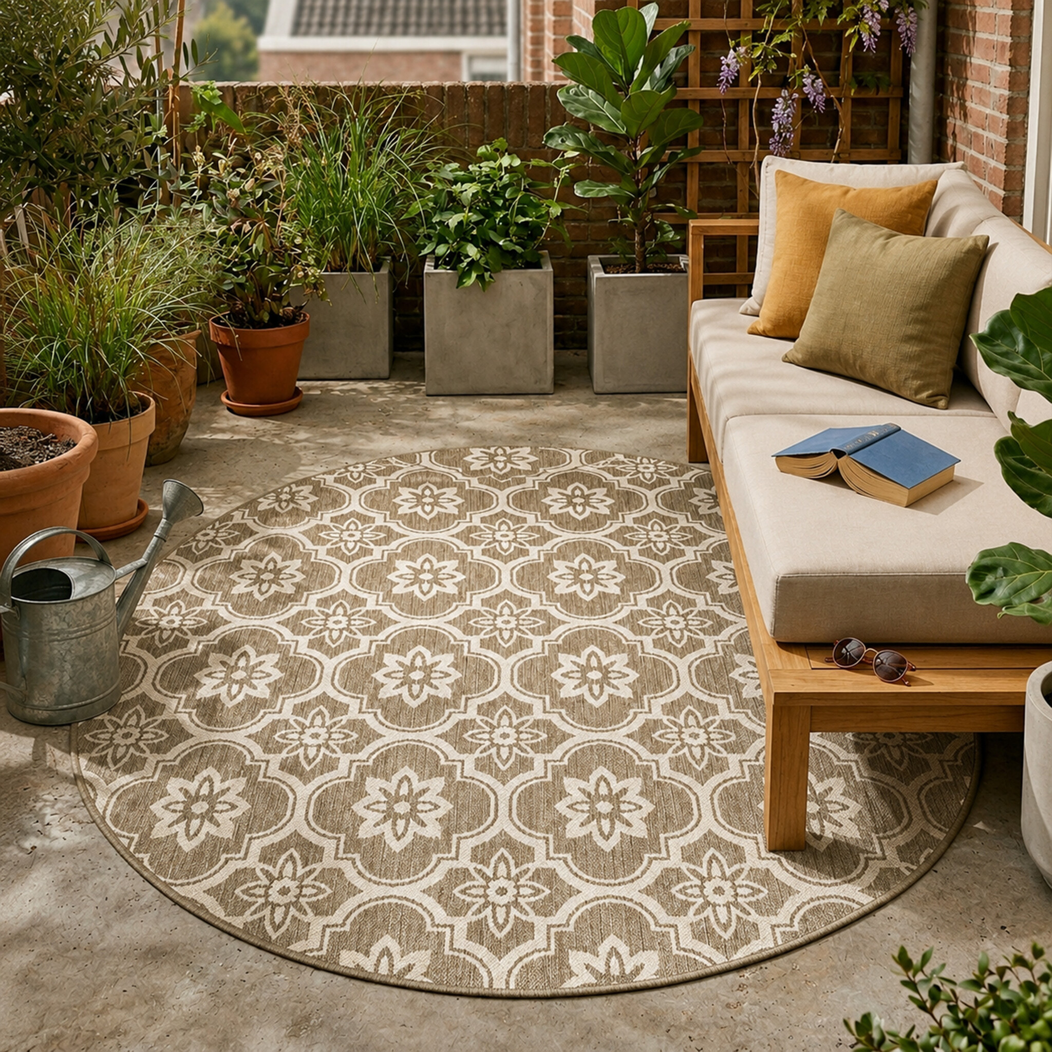 Rund utomhusmatta | Rio Flower beige hos Volero
