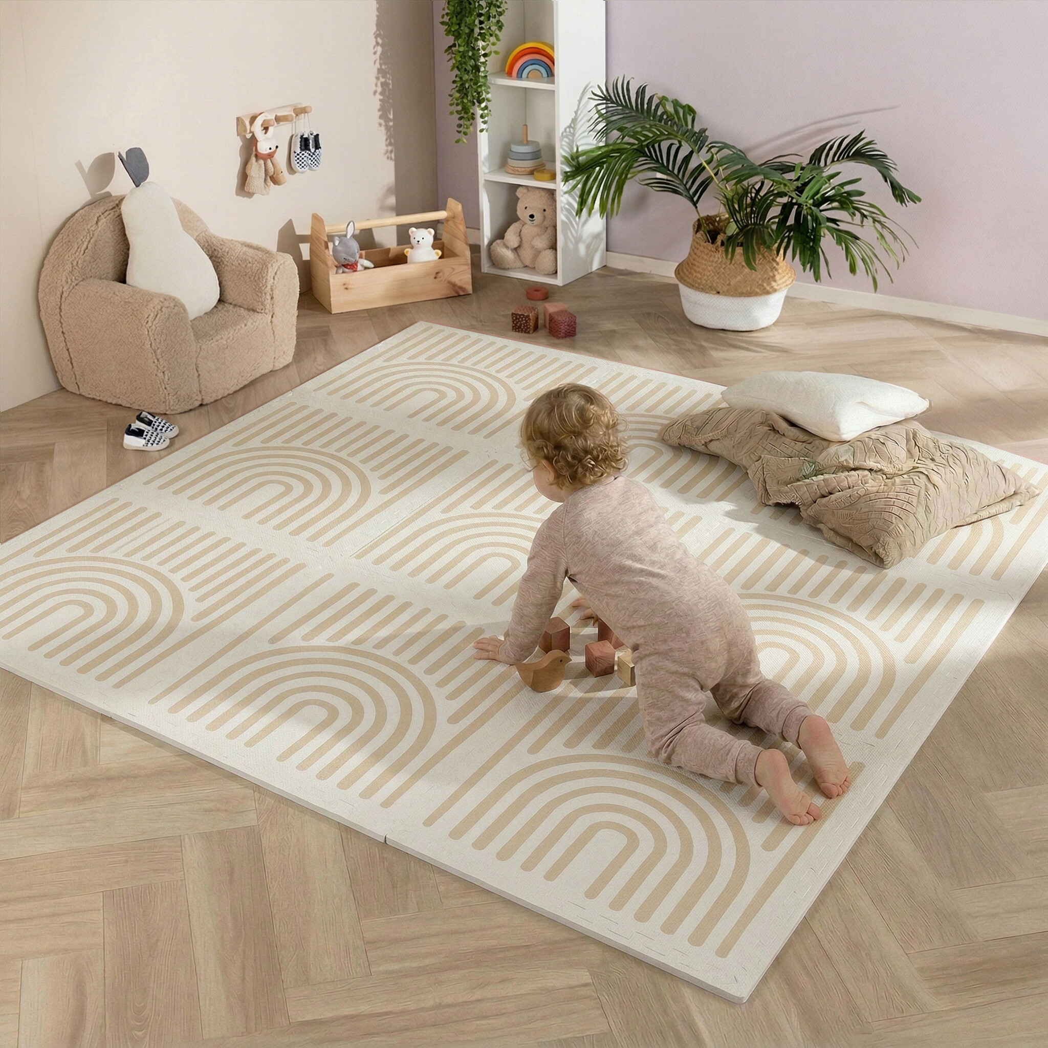 Lekmatta för baby XL | Alfie Grid Beige hos Volero