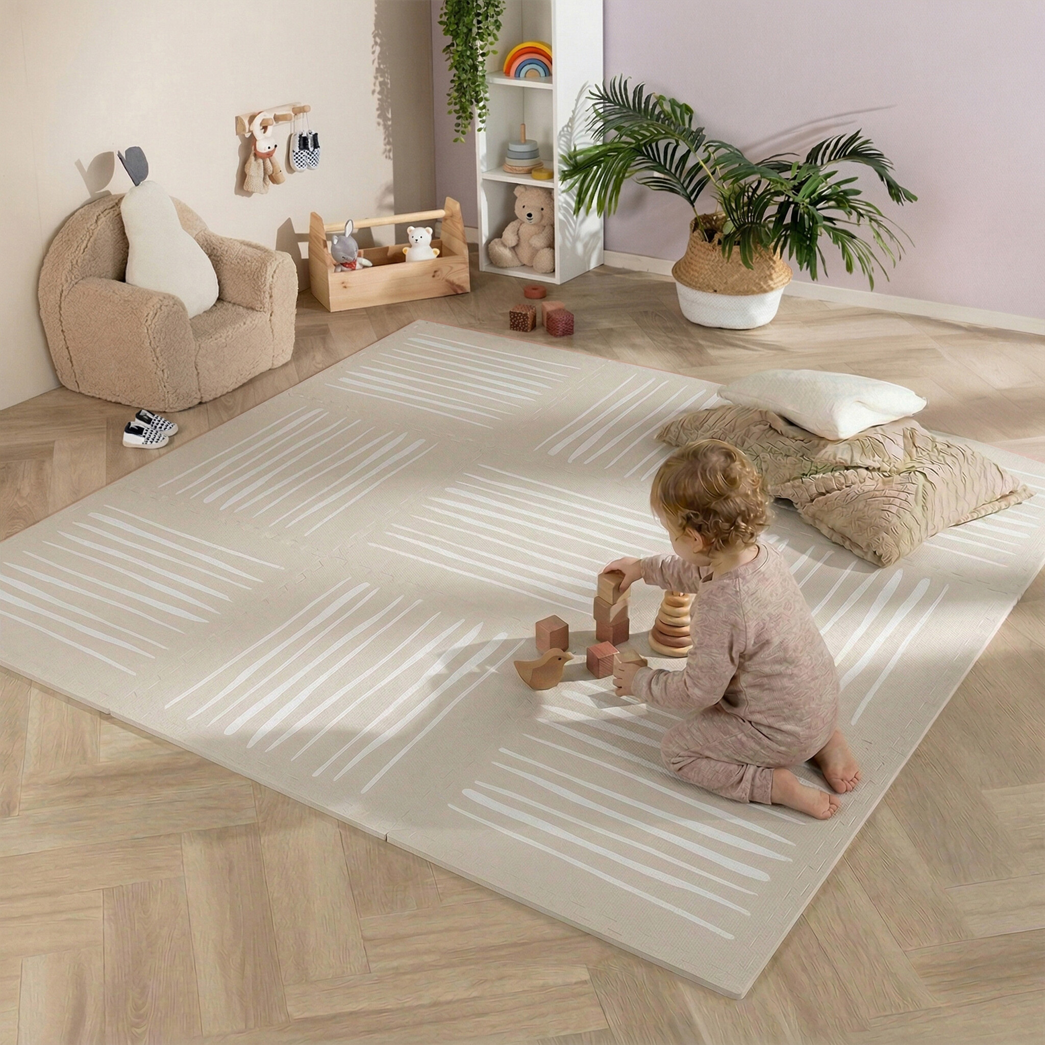 Lekmatta för baby XL | Alfie Stripes Grå/Beige hos Volero
