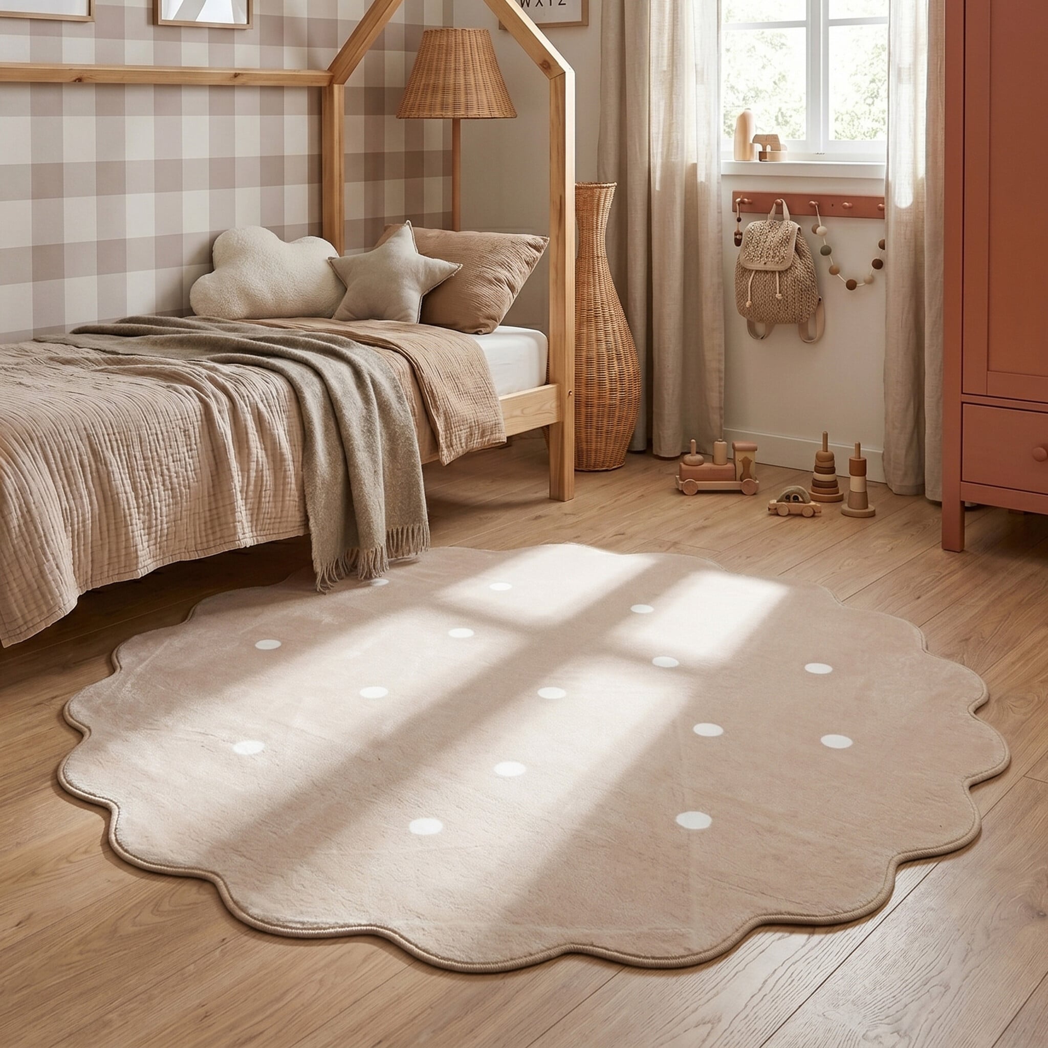 Rund matta för barnrum | Cloudy Dots beige hos Volero