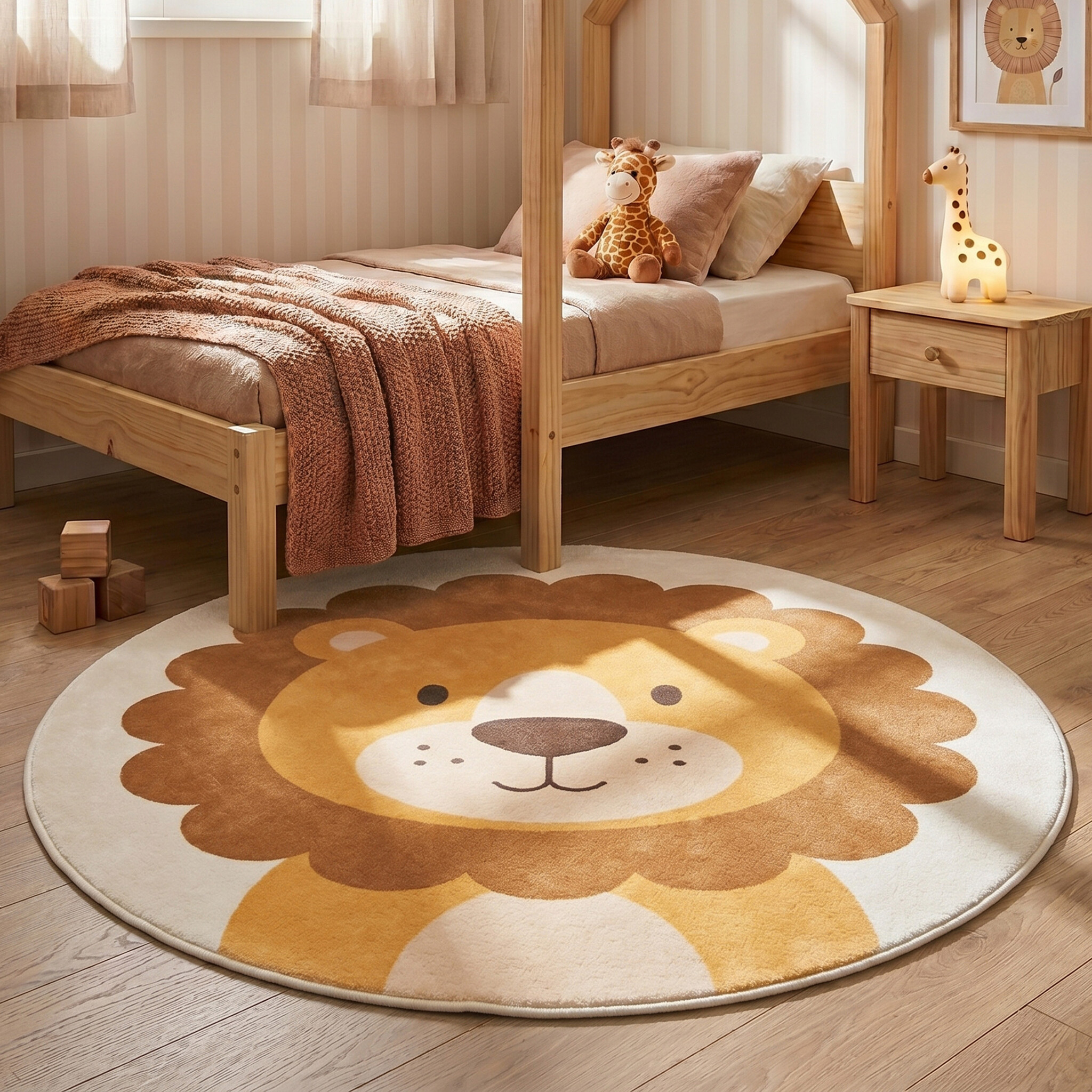 Rund tvättbar barnmatta | Sammy Lion brun hos Volero
