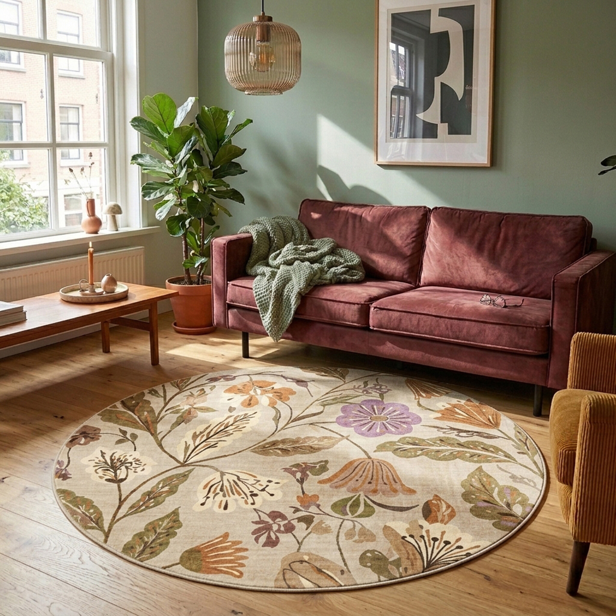 Rund tvättbar matta - Misty Flowers Creme