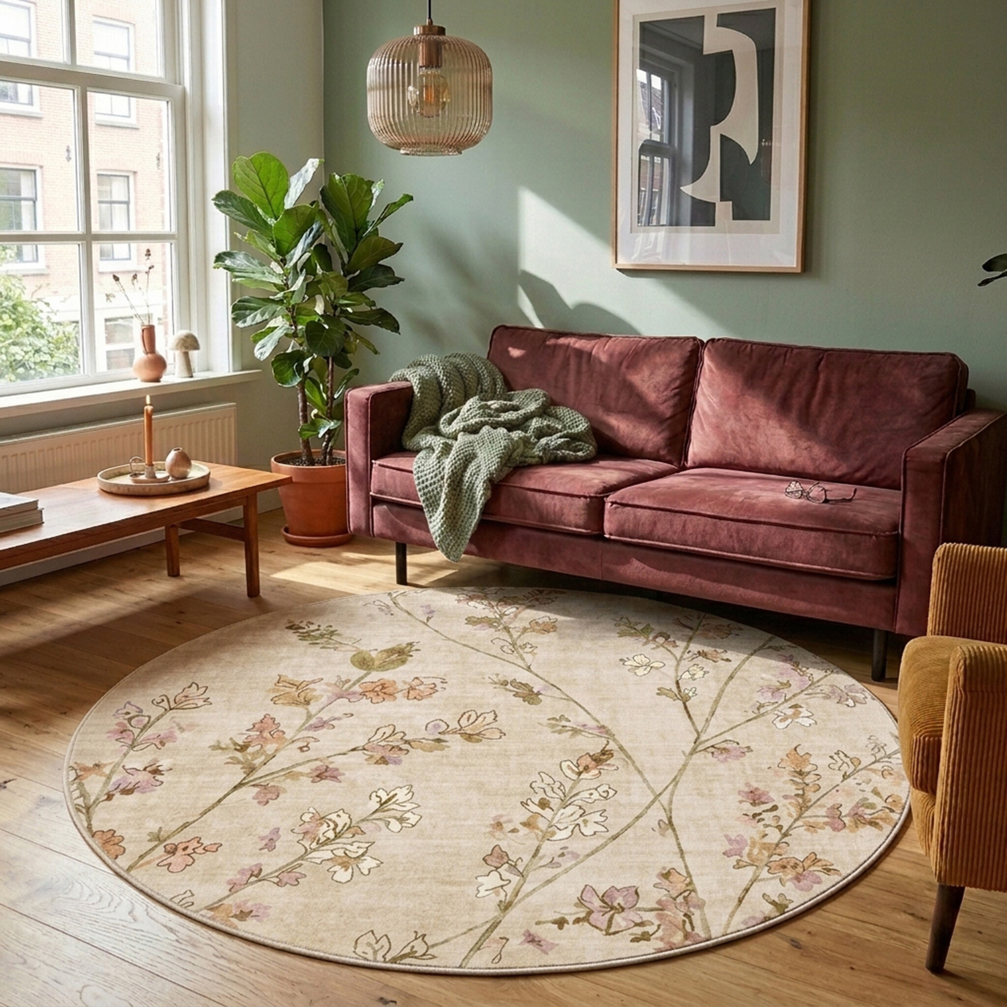 Rund tvättbar matta - Misty Floral Creme