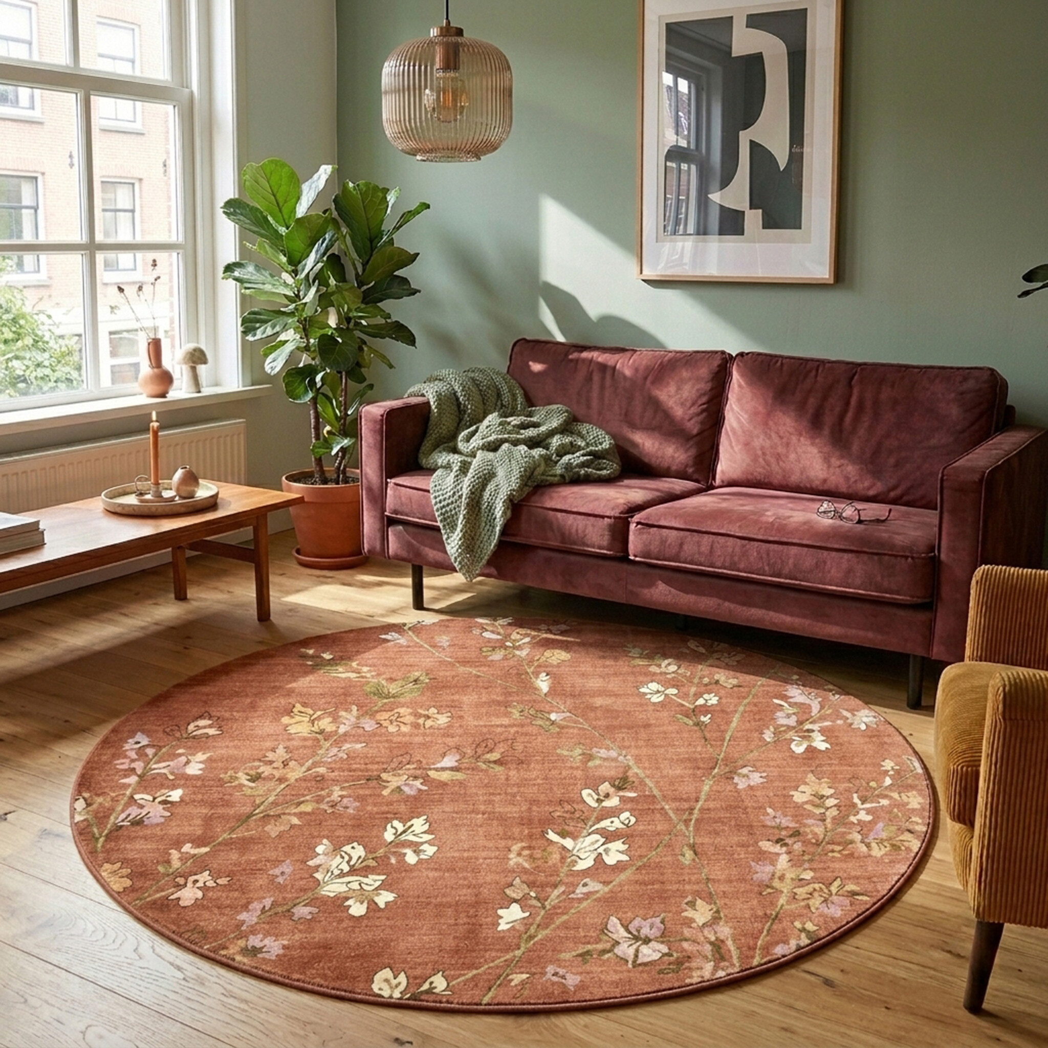 Rund tvättbar matta - Misty Floral Terracotta