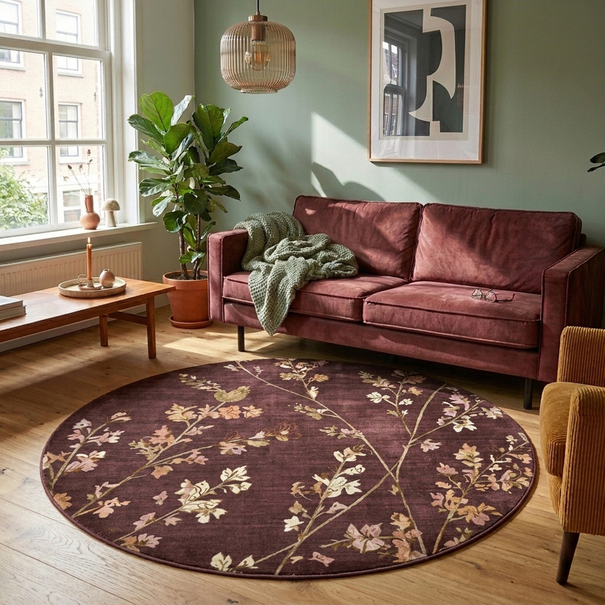 Rund tvättbar matta - Misty Floral Brun
