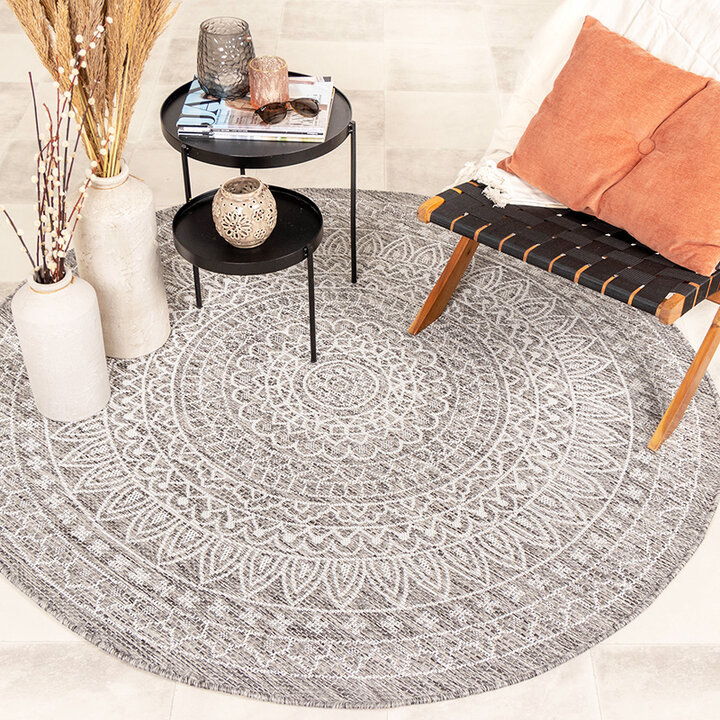 Rund Utomhusmatta - Summer Aztec Ljusgrå - 3