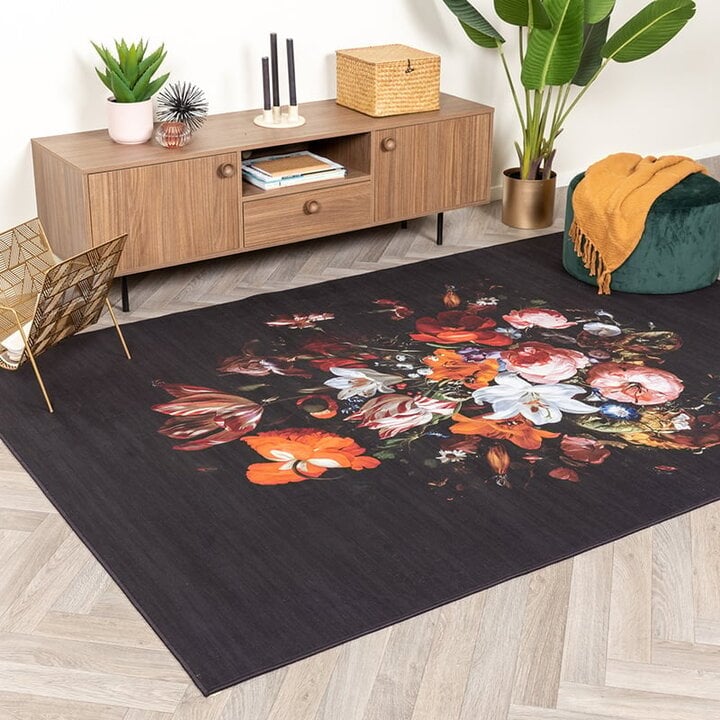 Blommig Matta - Florine Svart/Orange