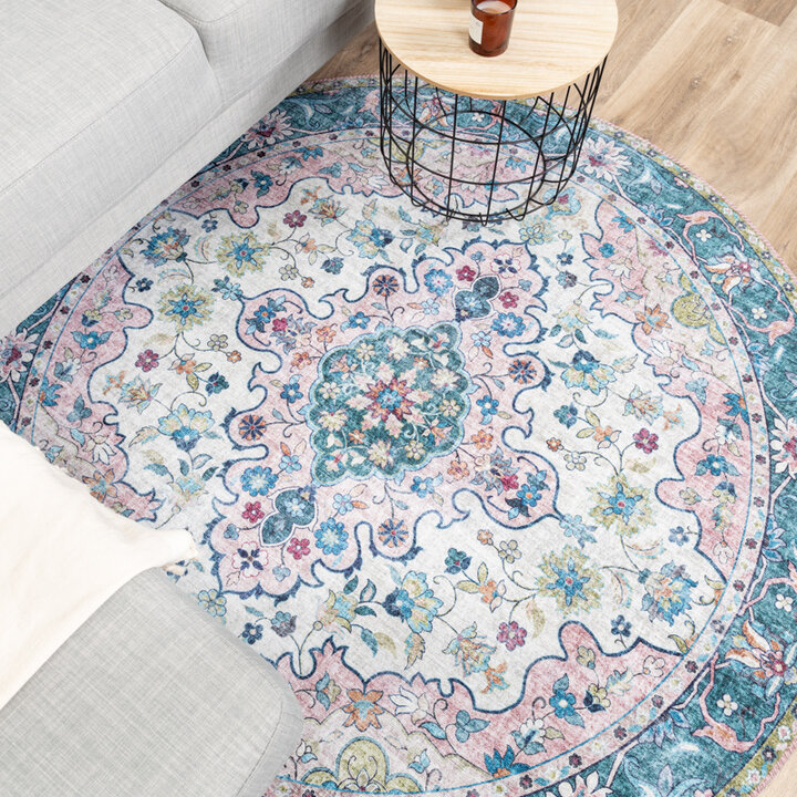 Rund Matta I Vintagestil - Lily Oriental Blå/Rosa - 3
