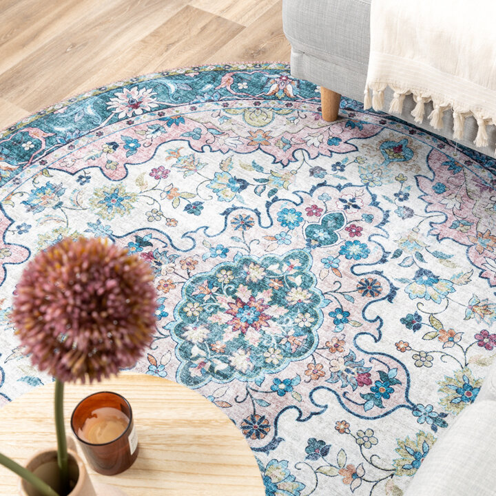 Rund Matta I Vintagestil - Lily Oriental Blå/Rosa - 4
