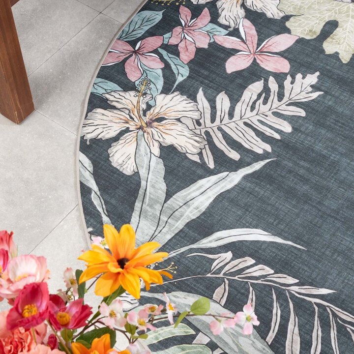 Rund utomhusmatta med blommor - Poppy Grön - 2