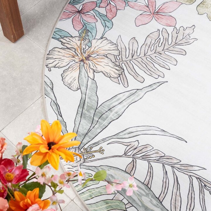 Rund utomhusmatta med blommor - Poppy Kräm - 2