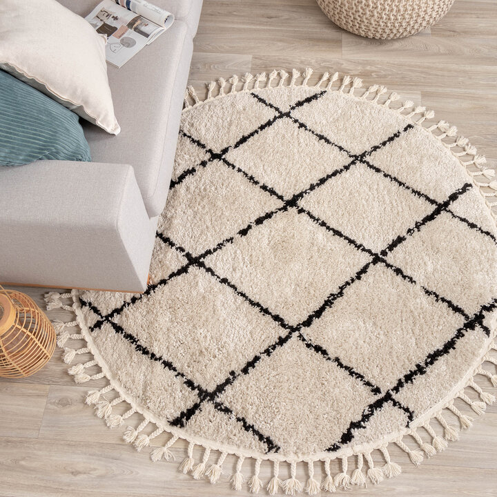 Rundt höghårigt mattan – Grand Wire Weave Creme/Svart - 3